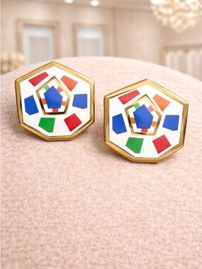 Vintage Gold Tone Enamel Colorful Red Blue Green White Hexagon Clip on Earrings